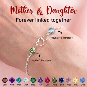 S925 Mother and Daughter Forever Linked Together Double Heart Custom Birthstone Bracelet
