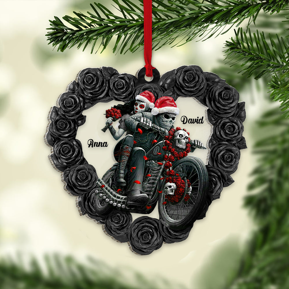 Personalized Couple Biker Skull With Dark Roses Heart Shape Christmas Ornament for Motorcycle Lovers
