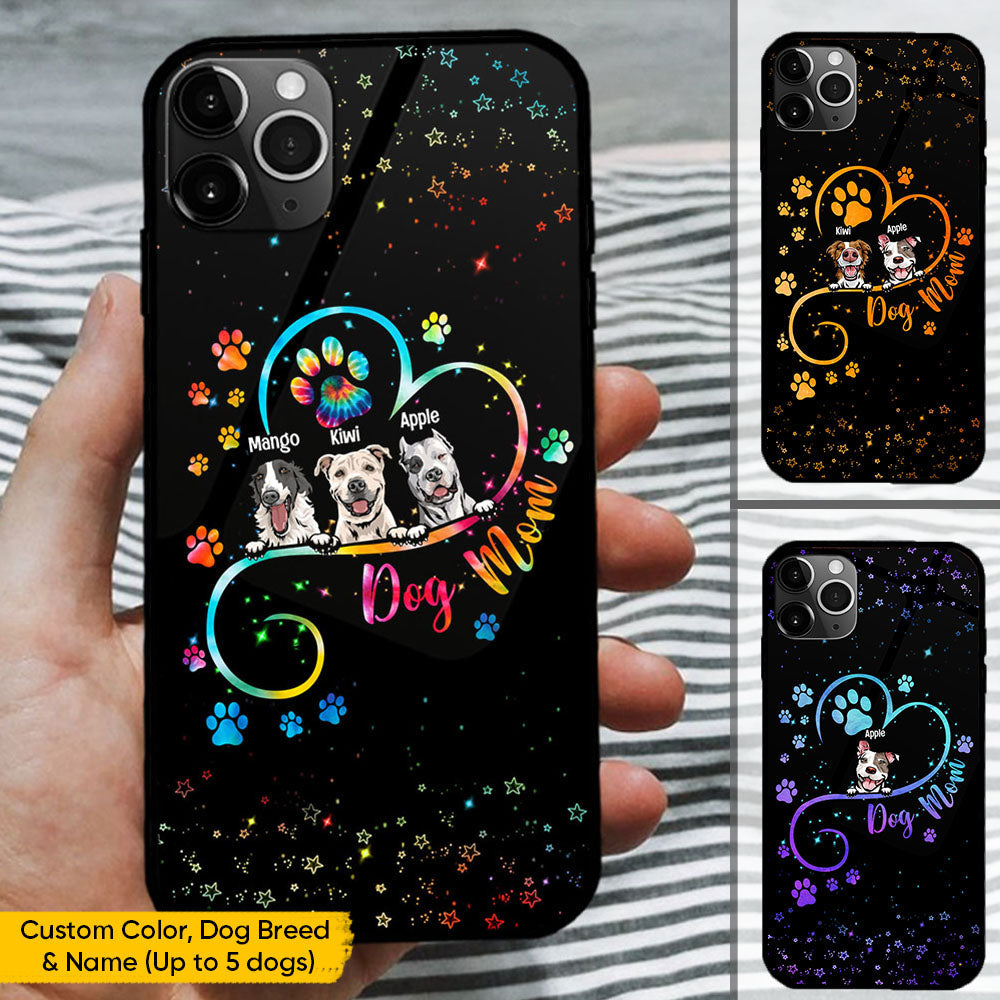Personalized Dog Mom Multicolor Heart Line High Quality Glass Phone Case, Gift For Dog Lovers