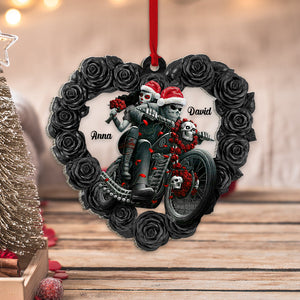 Personalized Couple Biker Skull With Dark Roses Heart Shape Christmas Ornament for Motorcycle Lovers