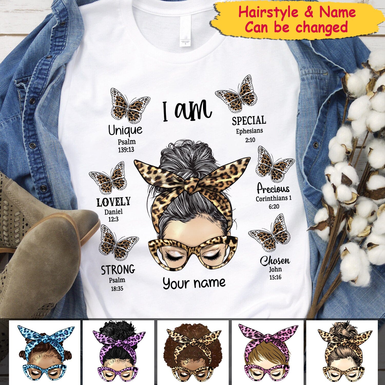 I am Unique Special Lovely Messy Bun Leopard Butterflies Personalized T-Shirt