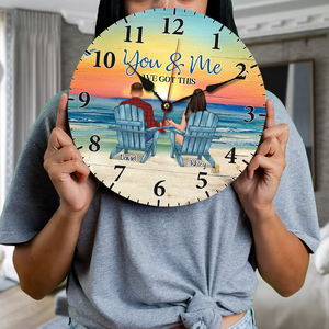 Back View Couple Sitting Beach Landscape Persoanlized Wooden Clock, Anniversary Gift For Couple