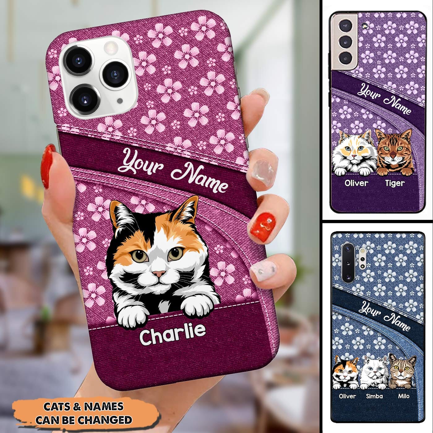 Personalized Cat Kitty Pet Name Flower Denim Pattern Phone case Gift for cat lovers