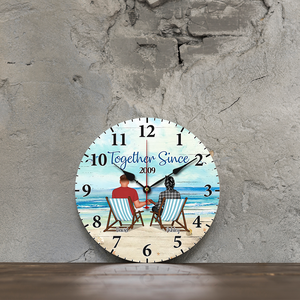 Back View Couple Sitting Beach Landscape Persoanlized Wooden Clock, Anniversary Gift For Couple