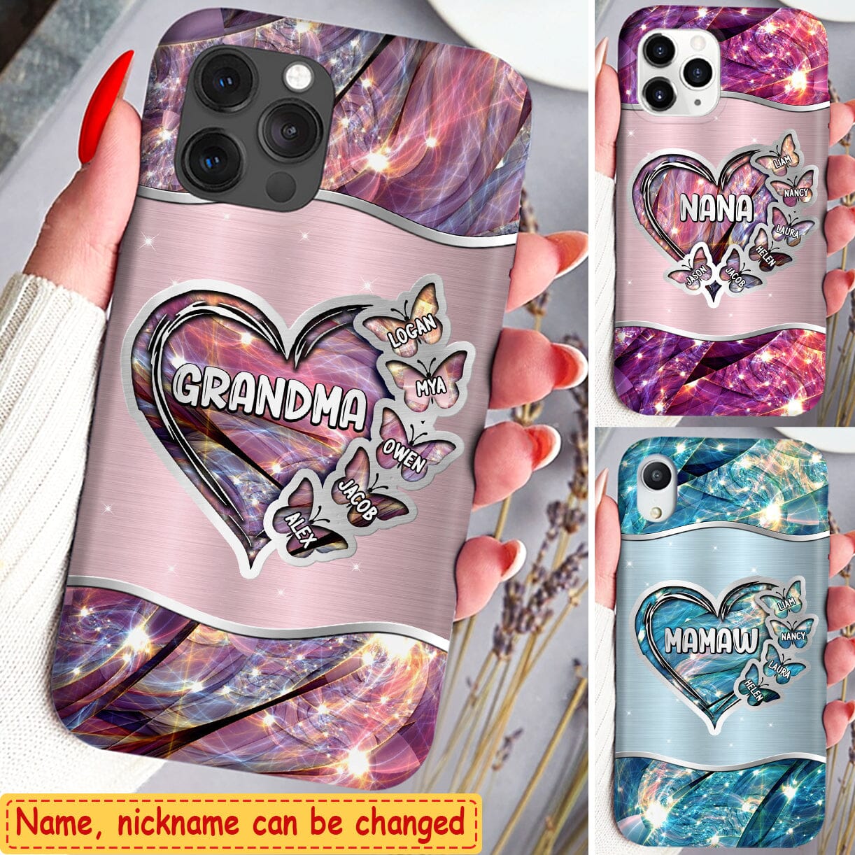 Sparkling Grandma- Mom Heart Butterfly Kids, Multi Colors Personalized Glass Phone Case