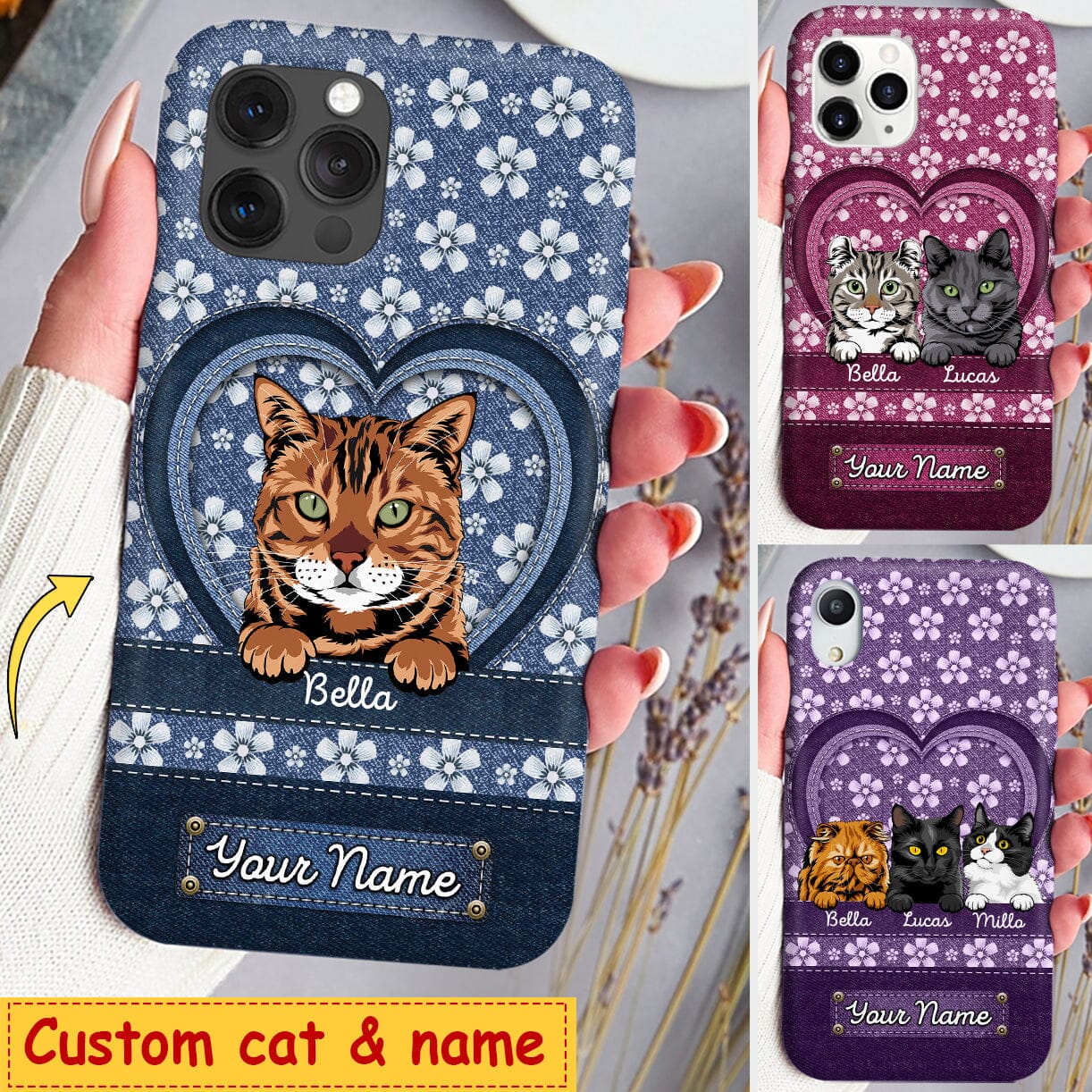 Personalized Flower Denim Pattern Cute Cat Kitten Pet Phone case Gift for cat lovers