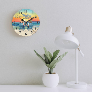 Back View Couple Sitting Beach Landscape Persoanlized Wooden Clock, Anniversary Gift For Couple