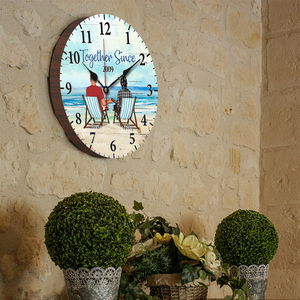 Back View Couple Sitting Beach Landscape Persoanlized Wooden Clock, Anniversary Gift For Couple