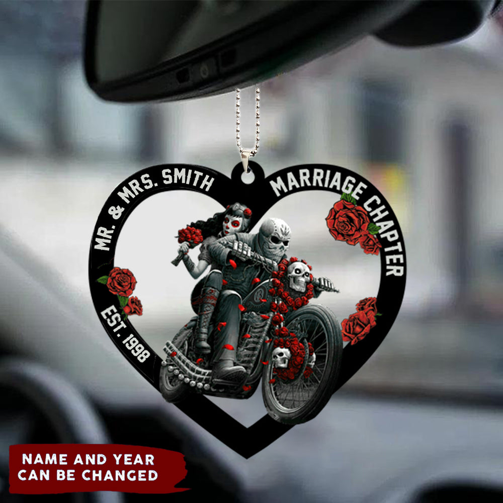 Personalized Couple Acrylic Car Ornament, Biker Skull Couple Marriage Chapter