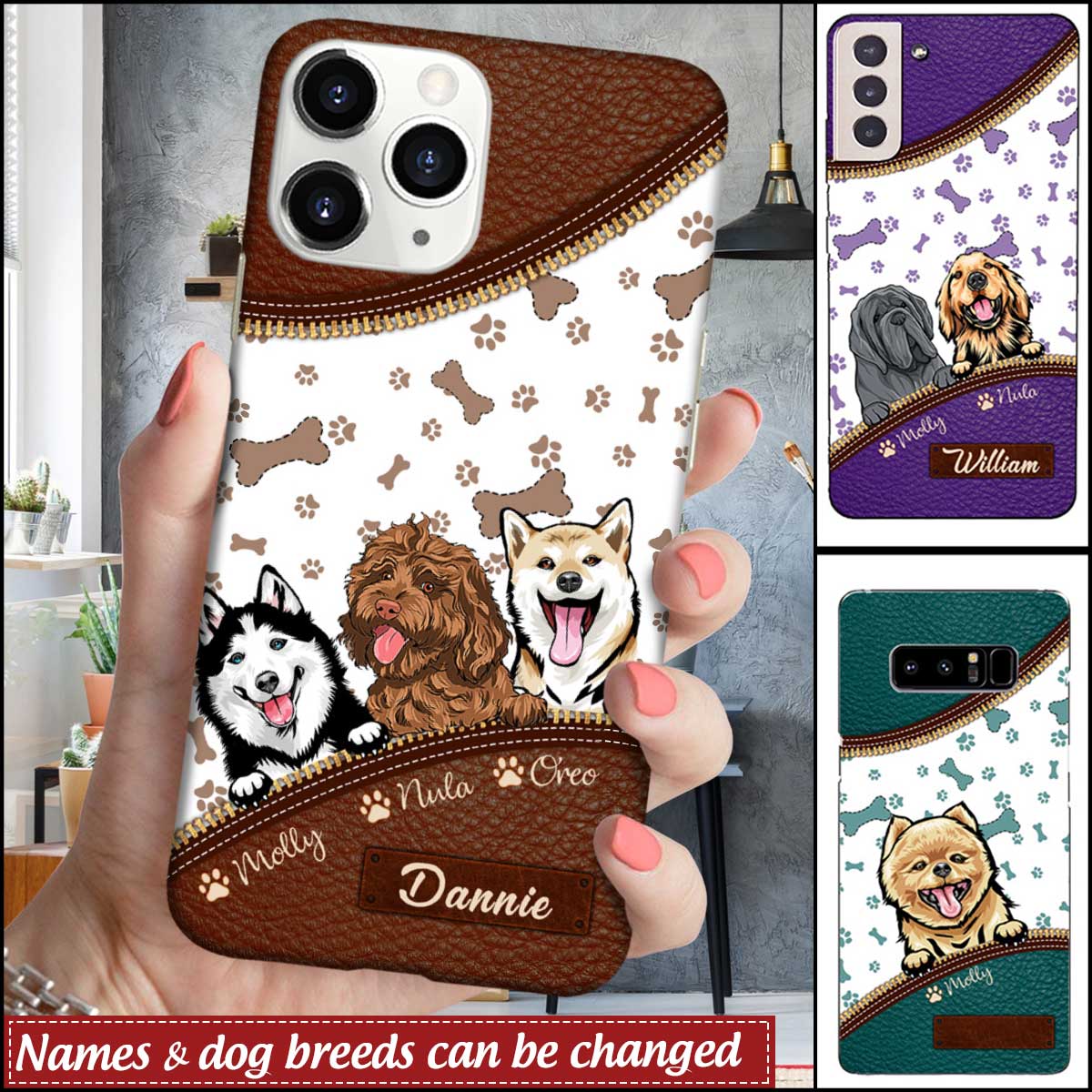 Personalized Dog Mom Puppy Pet Dogs Lover Zipper Texture Leather Phone Case