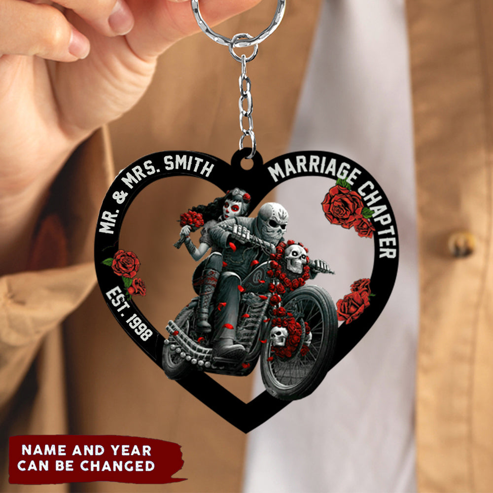 Personalized Couple Acrylic Keychain, Biker Skull Couple Marriage Chapter