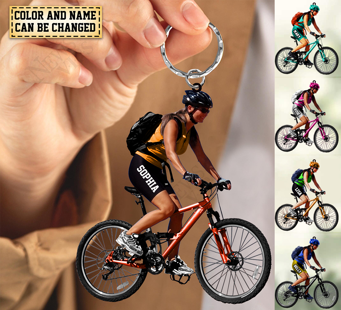 Personalized Mountain Biking Keychain, Custom Name Acrylic Flat Keychain For Girl Biker