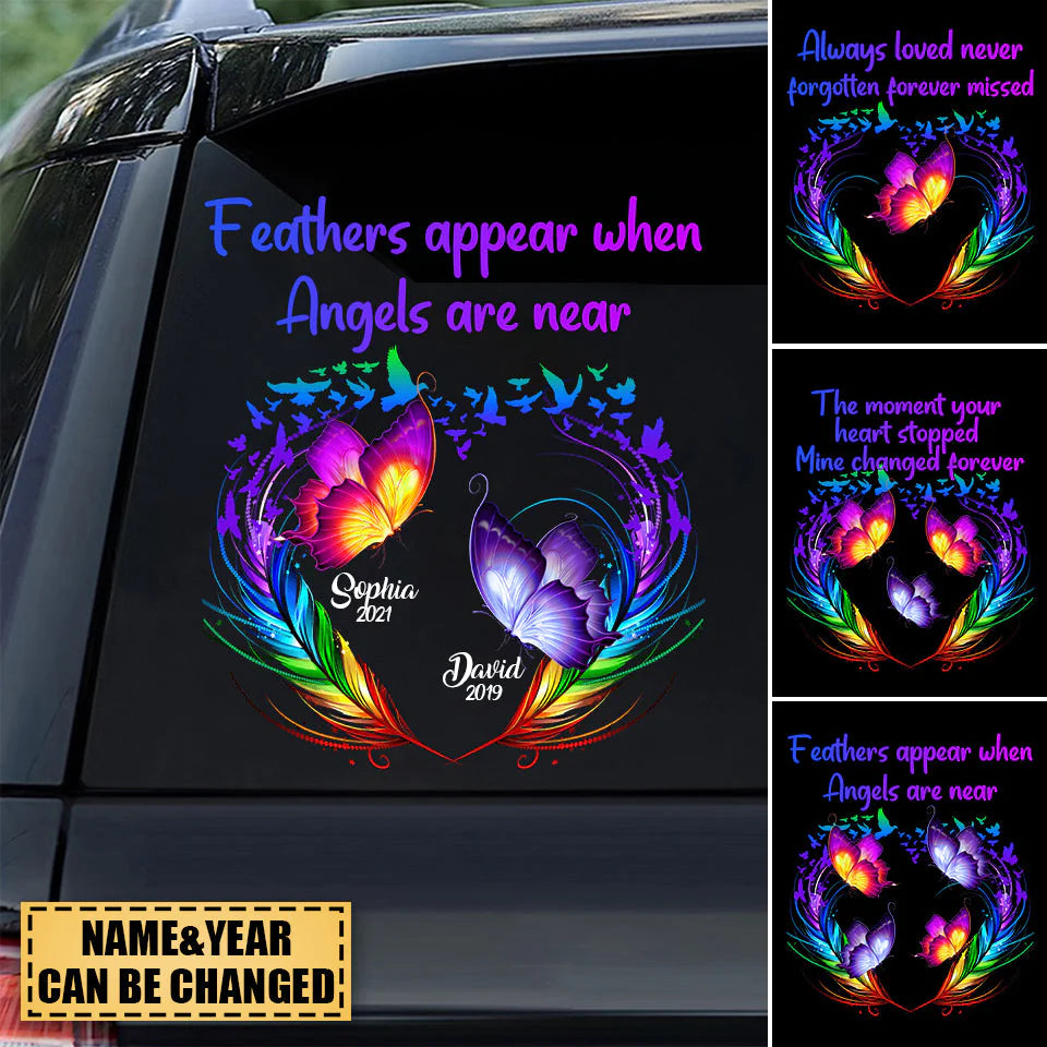 Feathers Appear When Angels Are Near Heart Butterfly Memorial Decal