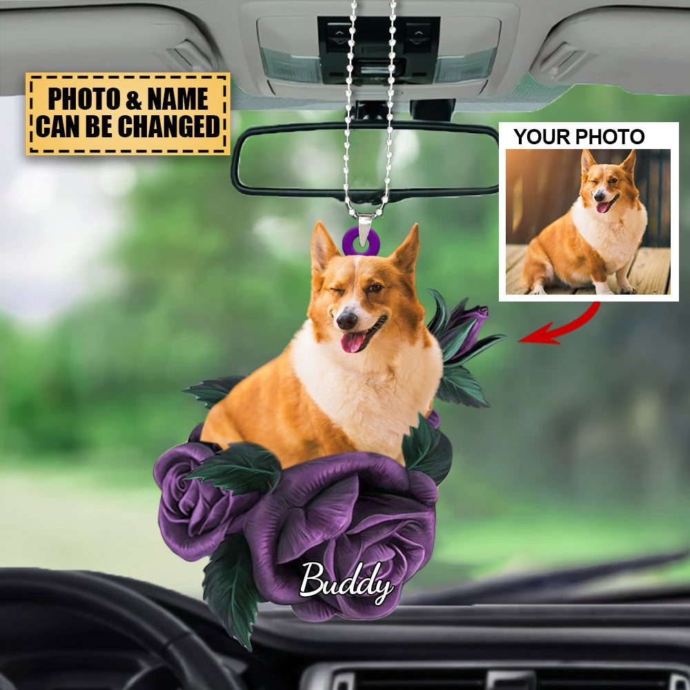 Personalized Upload Photo Pet In Purple Rose Car Hanging Ornament - Gift For Pet Lovers