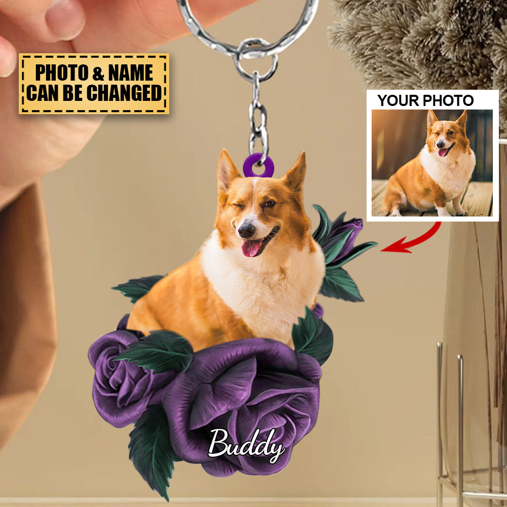Personalized Upload Photo Pet In Purple Rose Acrylic Flat Keychain - Gift For Pet Lovers