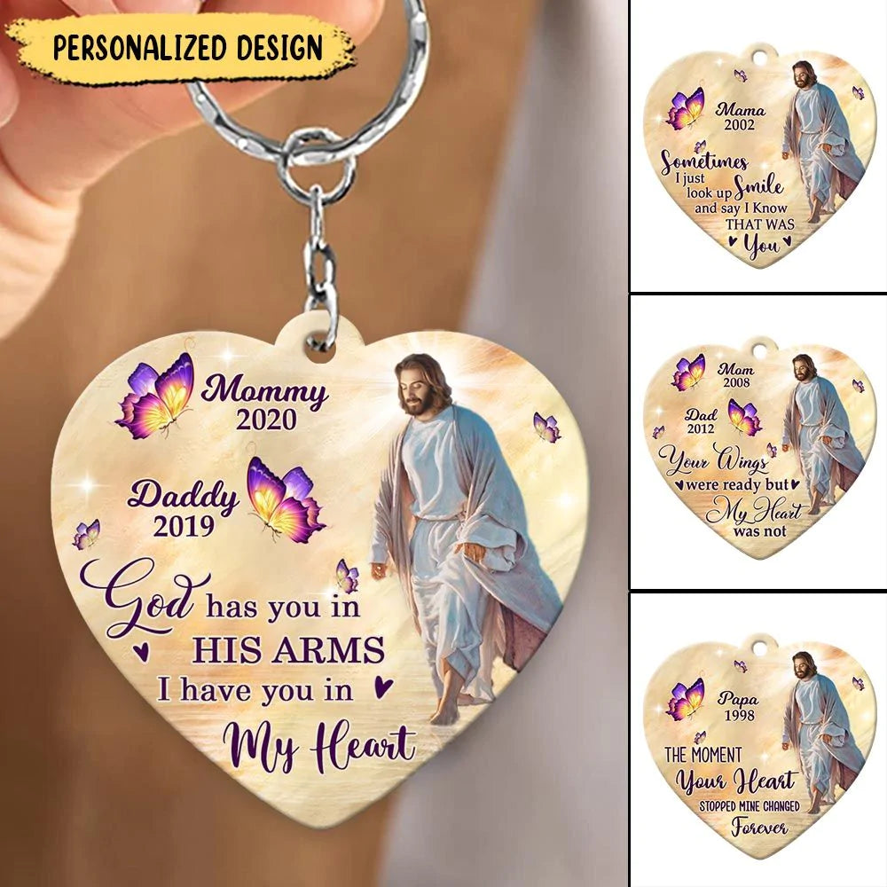 God Has You In His Arms Jesus Butterfly Memorial Gift Personalized Keychain Heart