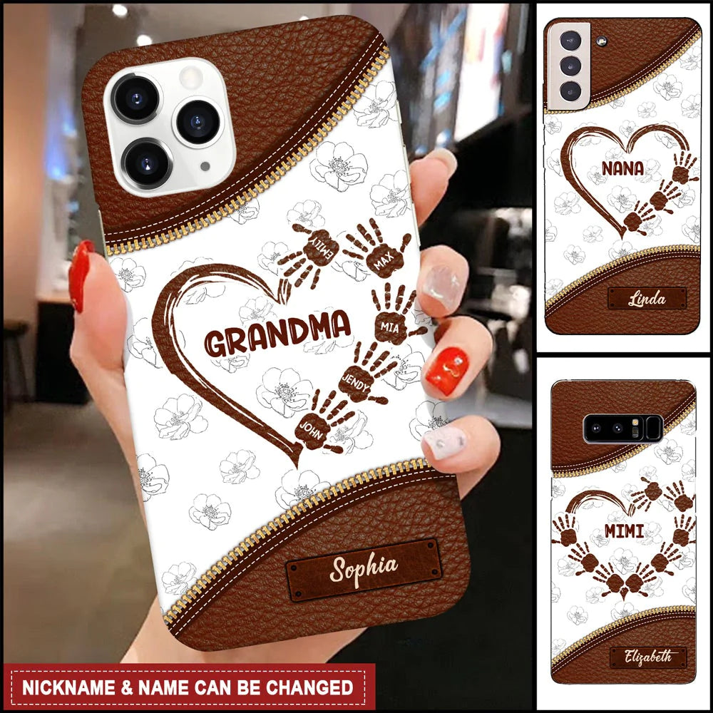Grandma Mom Heart Kids' Handprints Custom Names Mother's Day Gift Leather Pattern Phone case HLD12JAN22NY1