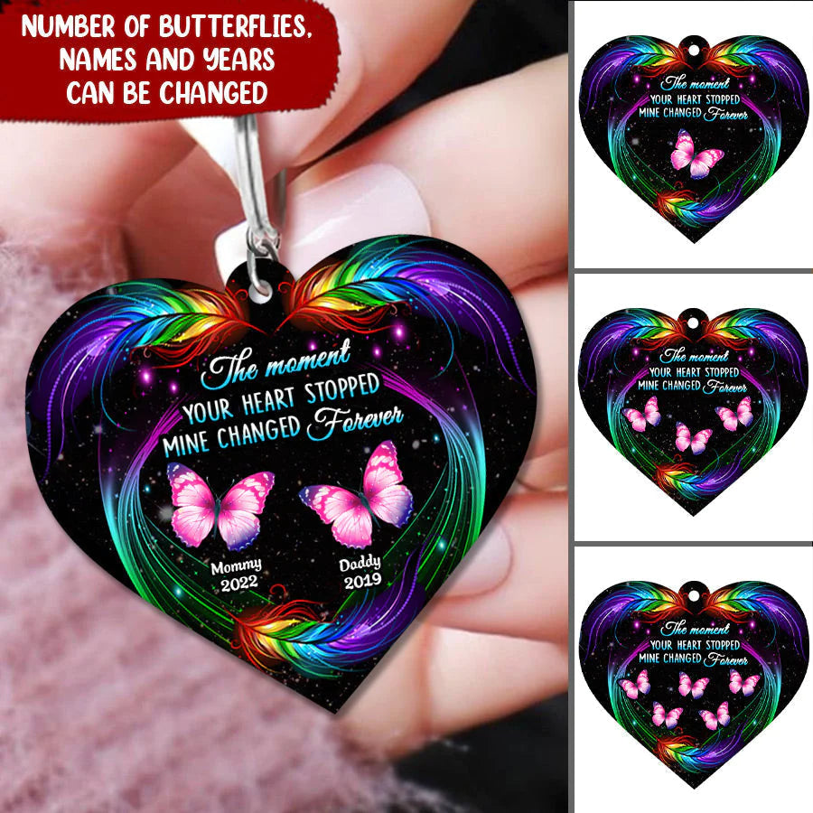 The Moment Your Heart Stopped Mine Changed Forever Butterfly Feather Pattern Memorial Wooden Keychain DHL04APR22NY1