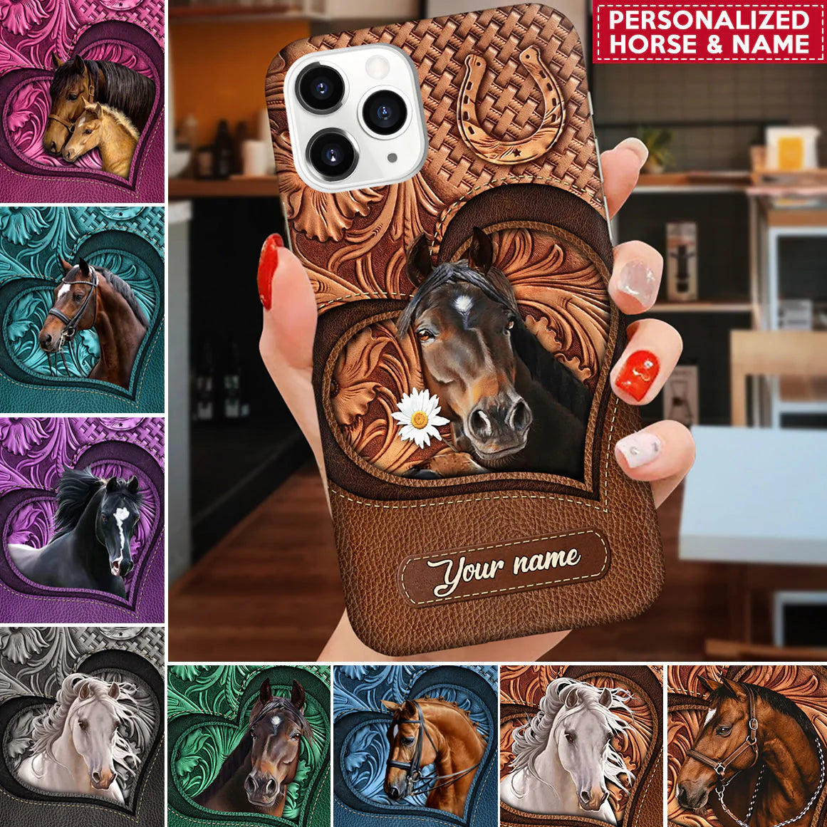 Love Horse Breeds Custom Name Hoofprint Leather Pattern Personalized Phone Case
