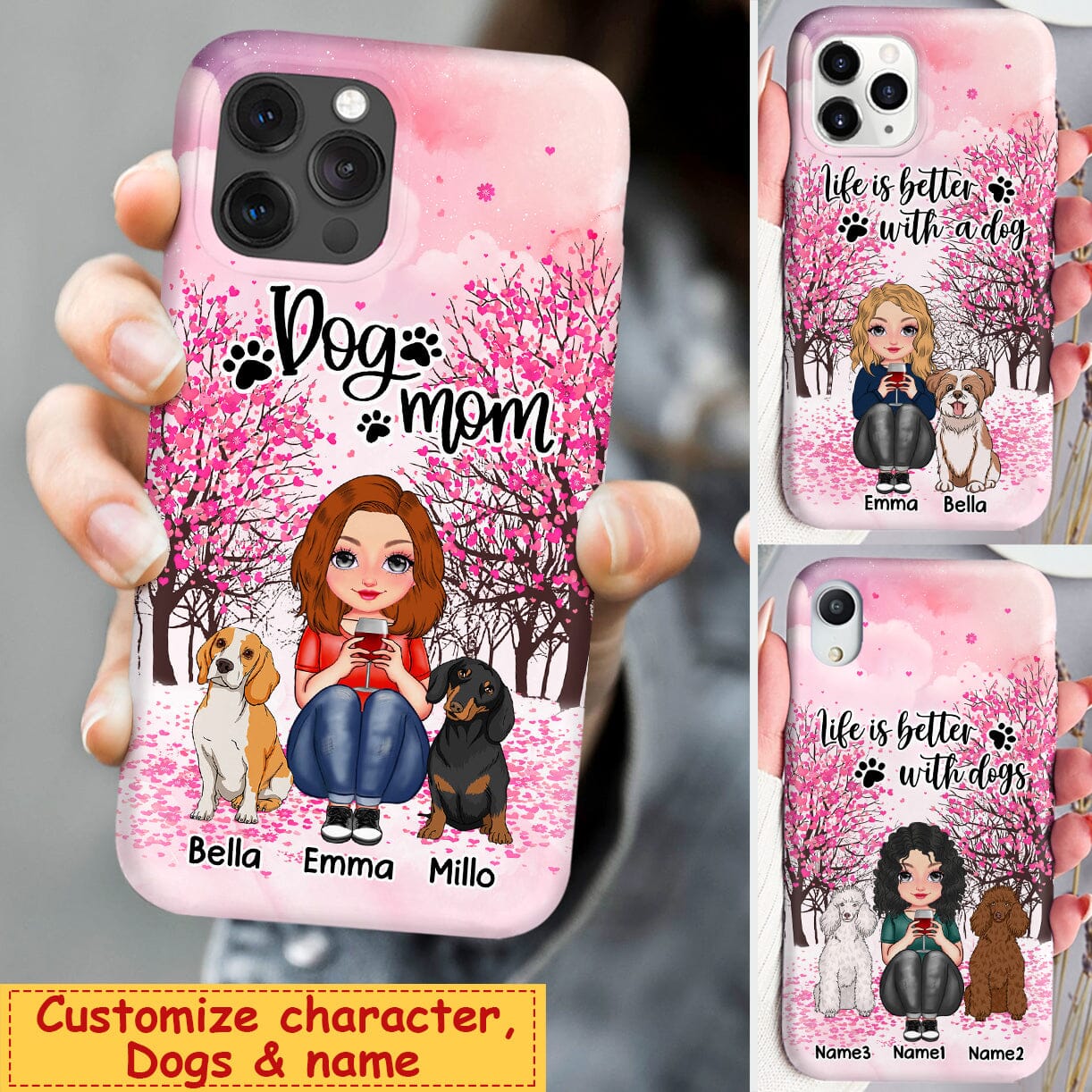 Pink Sky Life is better with dogs Sitting girl Phone case Gift for Dog Moms