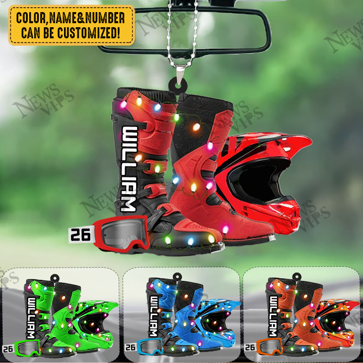 PERSONALIZED DIRT BIKE Helmet and Boots WITH GOGGLES Christmas Light Car Ornament