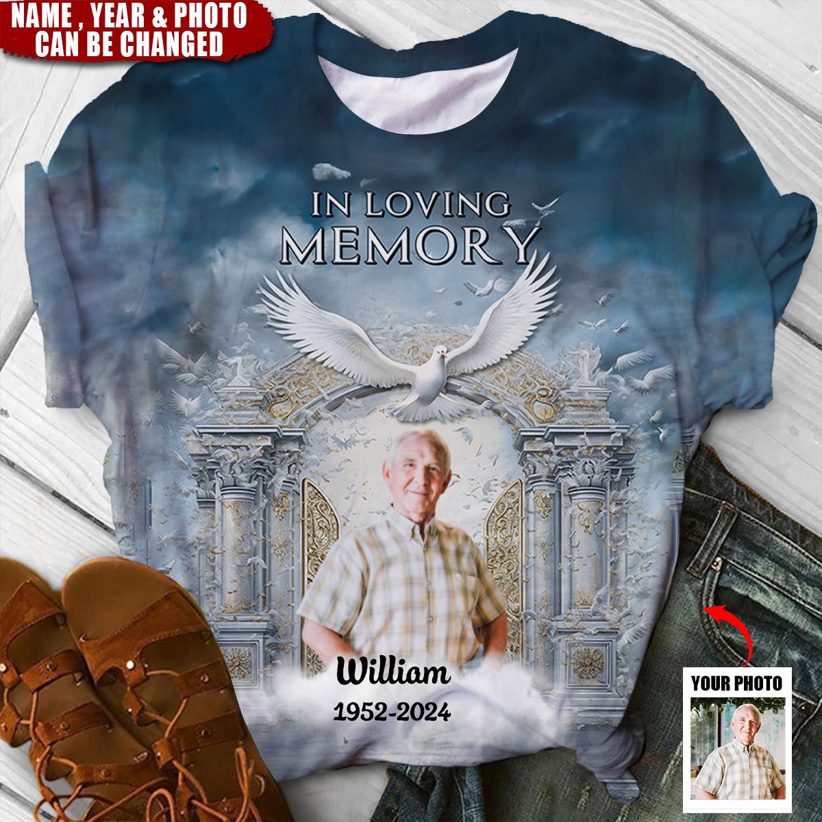 Memorial Upload Photo Heaven Gate Dove, In Loving Memory Personalized 3D T-Shirt