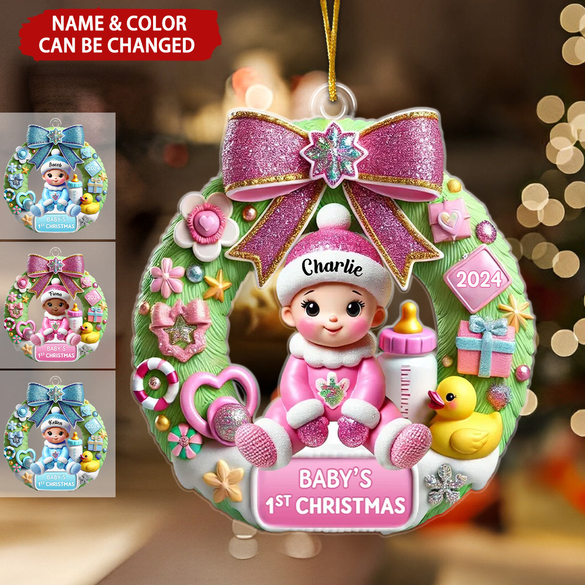 Wreath Baby's First Christmas Personalized 3D Effect Acrylic Ornament