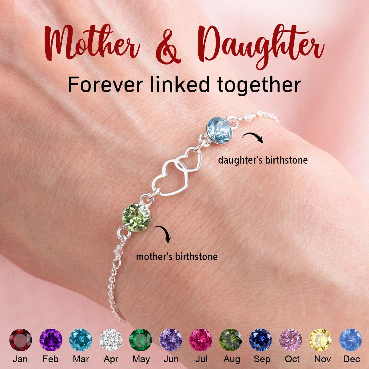 S925 Mother and Daughter Forever Linked Together Double Heart Custom Birthstone Bracelet