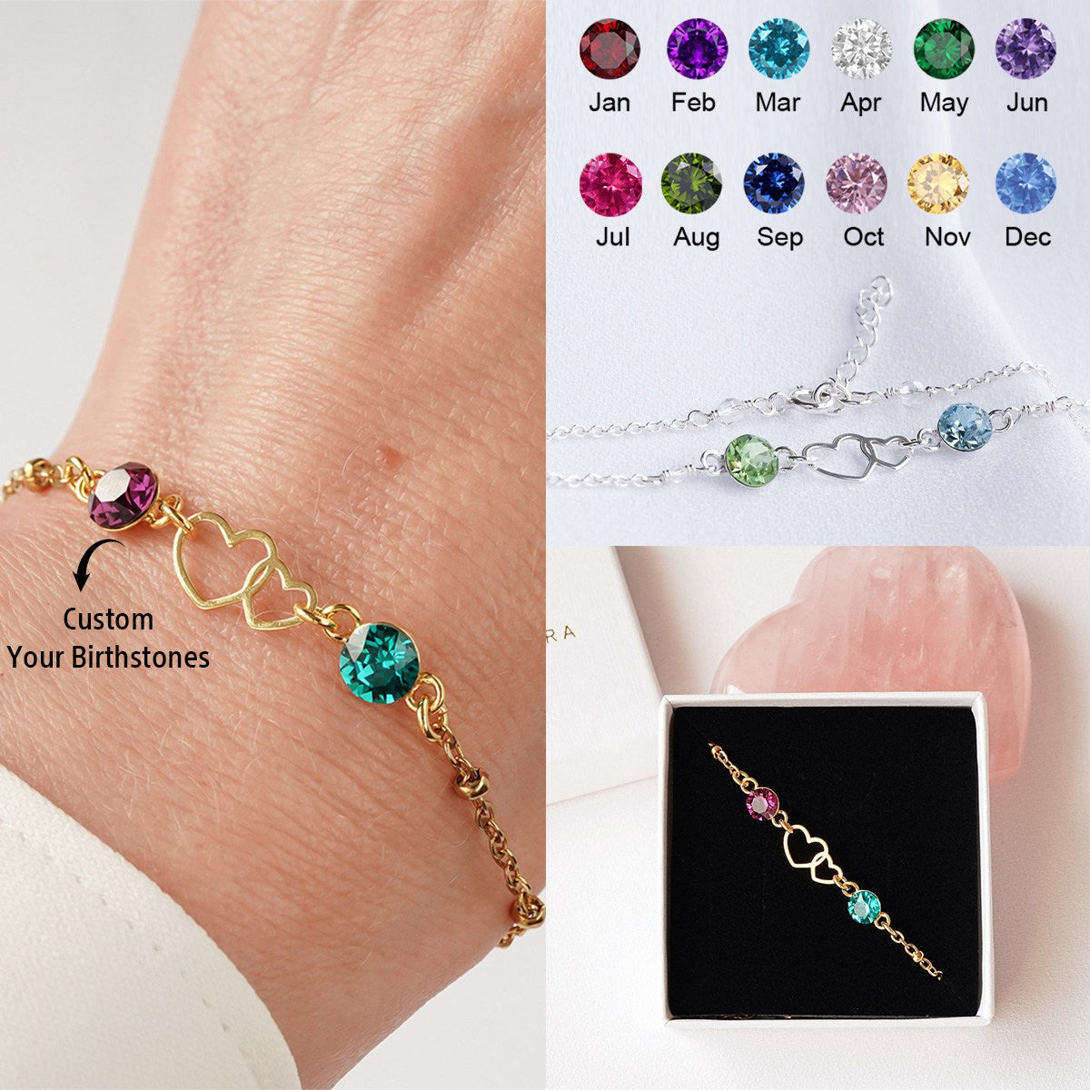 S925 Mother and Daughter Forever Linked Together Double Heart Custom Birthstone Bracelet