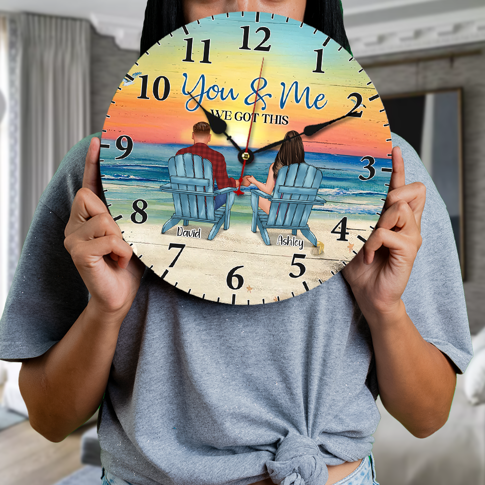 Back View Couple Sitting Beach Landscape Persoanlized Wooden Clock, Anniversary Gift For Couple