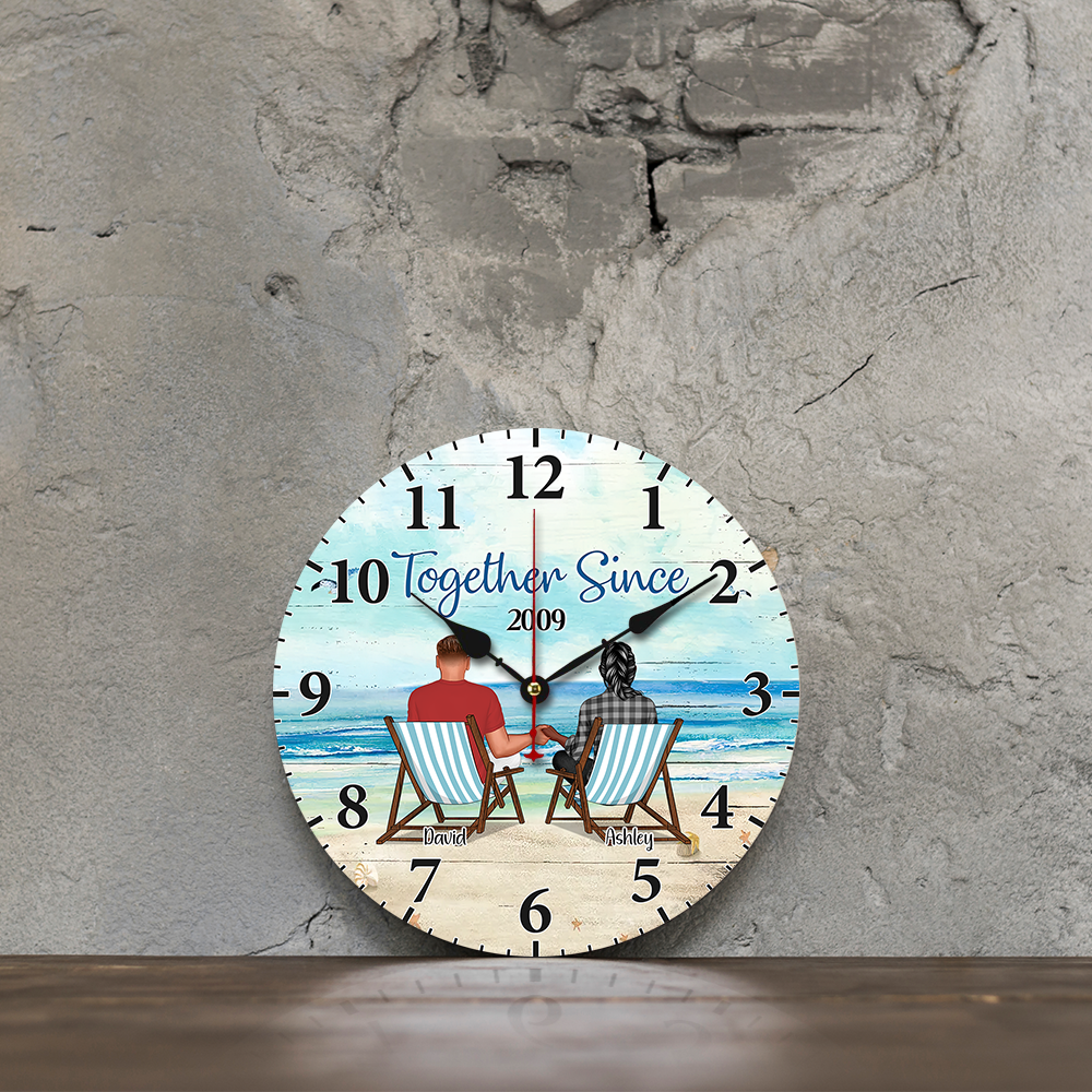 Back View Couple Sitting Beach Landscape Persoanlized Wooden Clock, Anniversary Gift For Couple