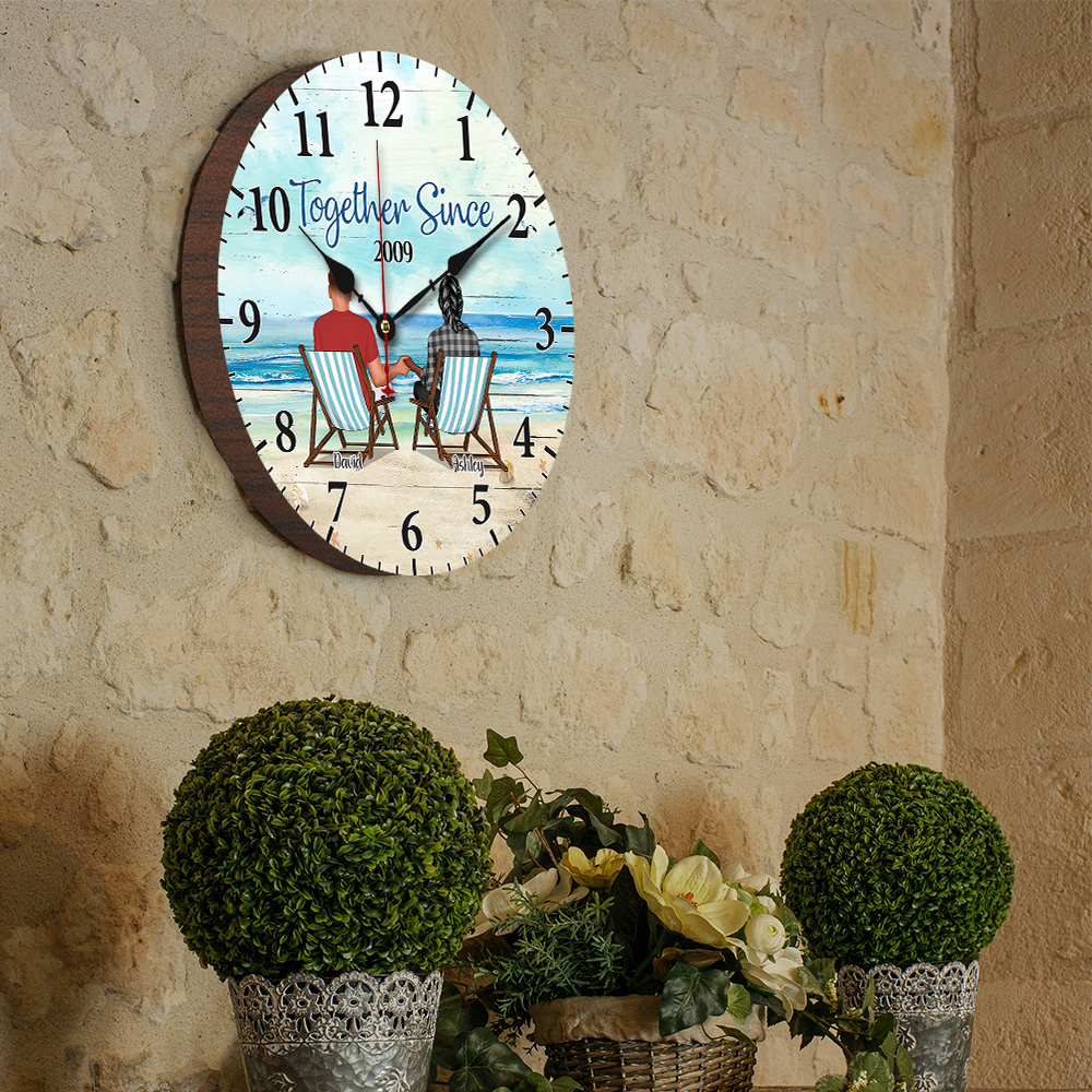 Back View Couple Sitting Beach Landscape Persoanlized Wooden Clock, Anniversary Gift For Couple