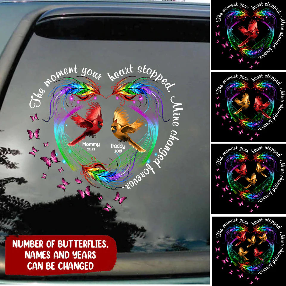 The Moment Your Heart Stopped Mine Changed Forever Cardinal Feather Pattern Personalized Decal