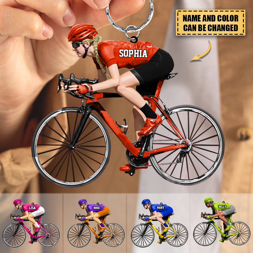 Personalized Road Biking Keychain Custom Name Acrylic Flat Keychain For Female Biker