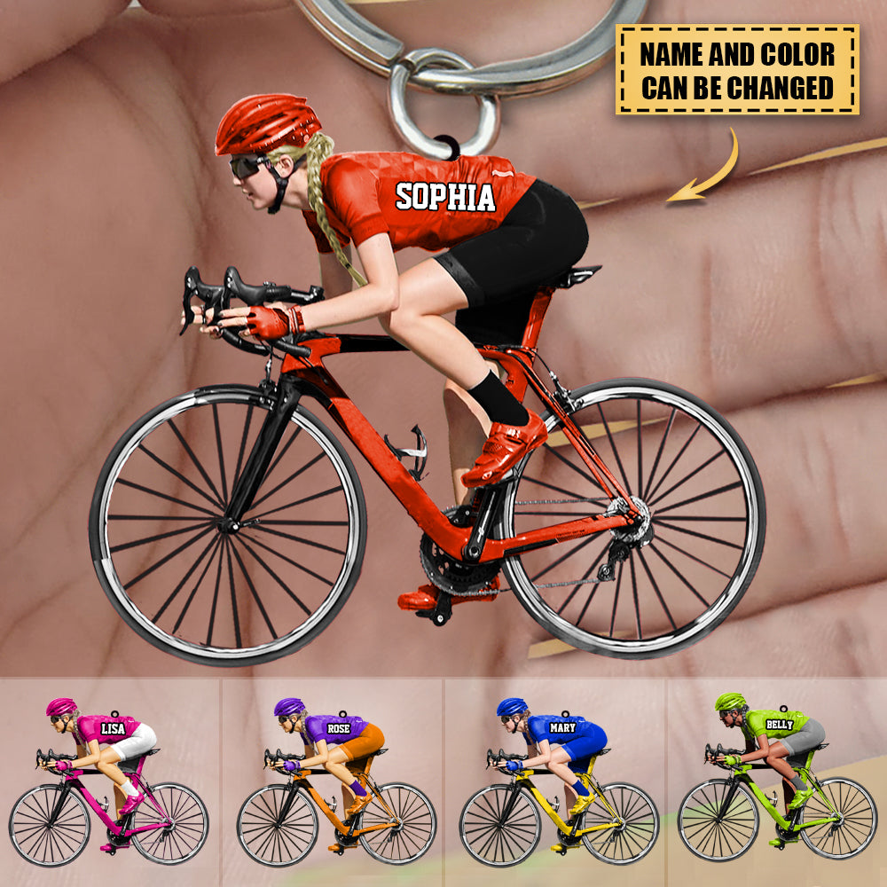 Personalized Road Biking Keychain Custom Name Acrylic Flat Keychain For Female Biker