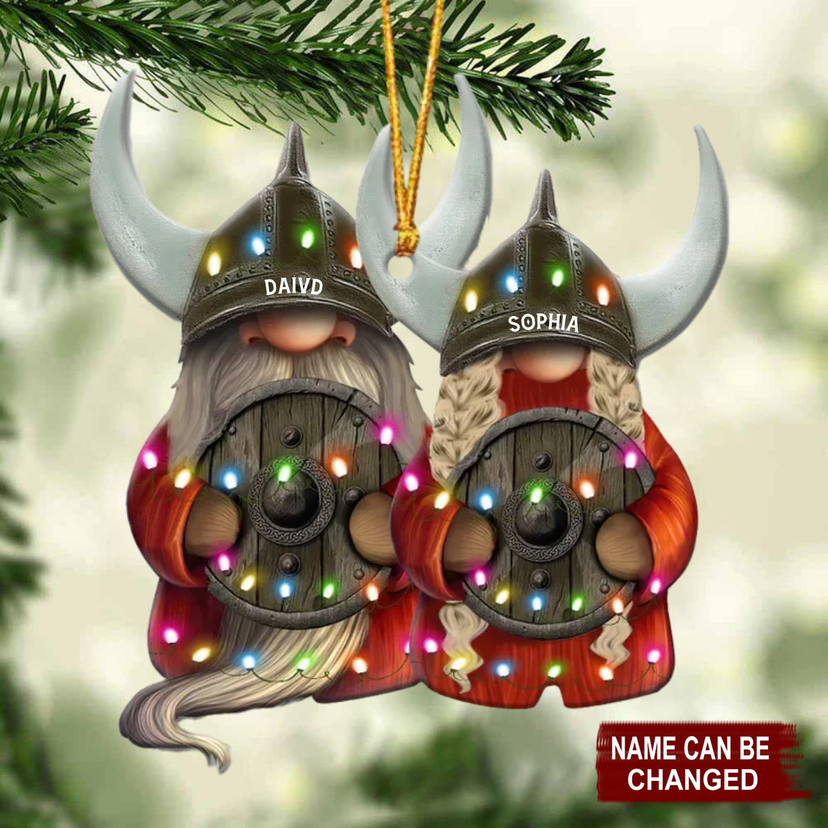Viking Gnome Couple With Printed Christmas Light - Personalized Christmas Ornament - Gift For Couples