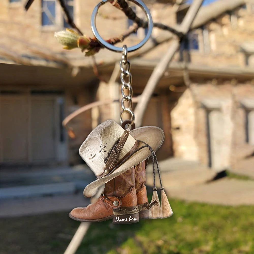Personalized Boots And Hat Cowboy Flat Acrylic Keychain Or Ornament