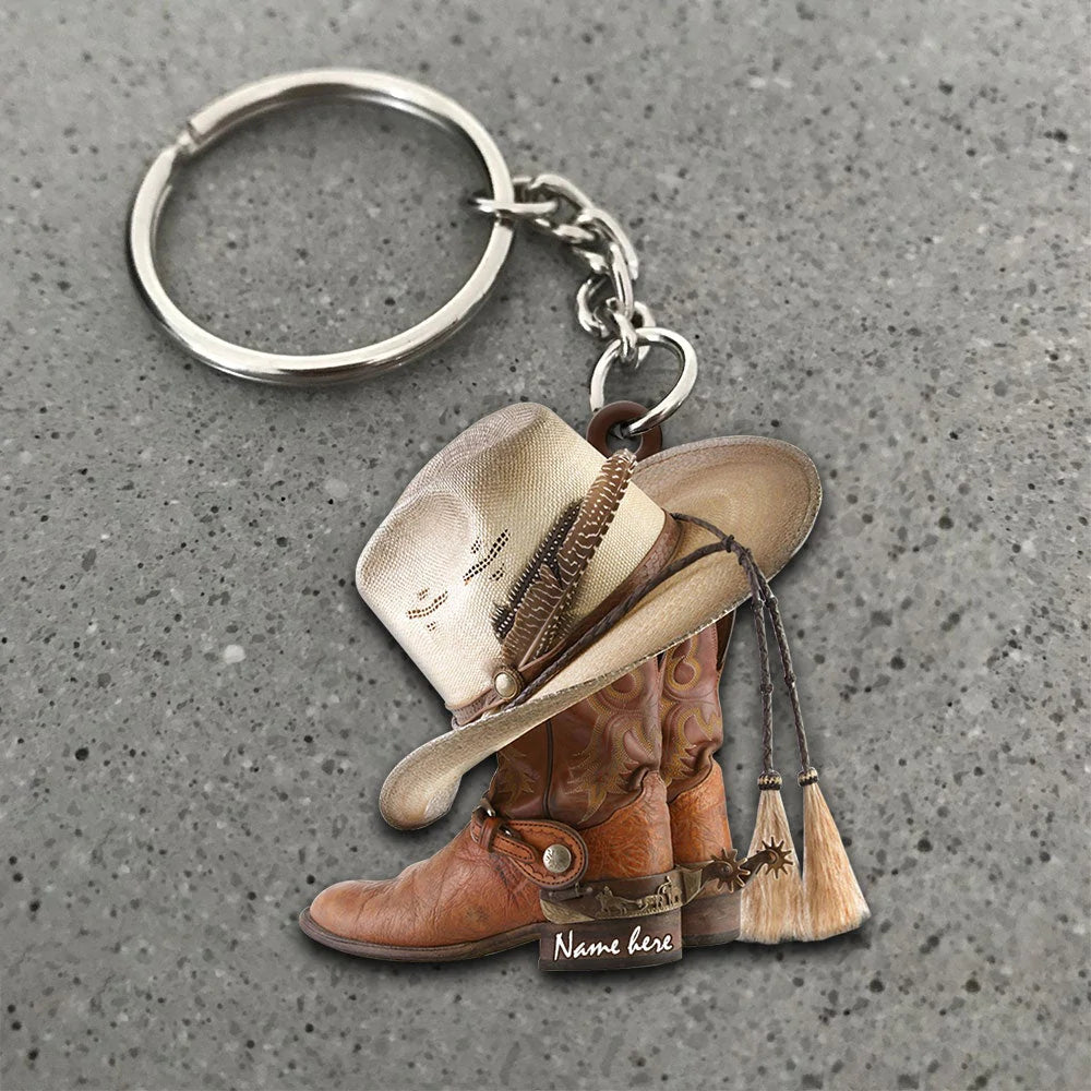 Personalized Boots And Hat Cowboy Flat Acrylic Keychain Or Ornament