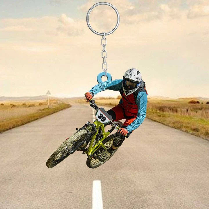 PERSONALIZED MOUNTAIN BIKING KEYCHAIN, CUSTOM NAME ACRYLIC FLAT KEYCHAIN FOR BIKER