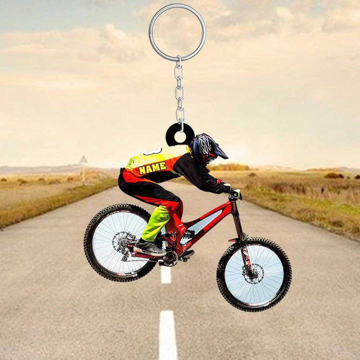 PERSONALIZED MOUNTAIN BIKING KEYCHAIN, CUSTOM NAME ACRYLIC FLAT KEYCHAIN FOR BIKER