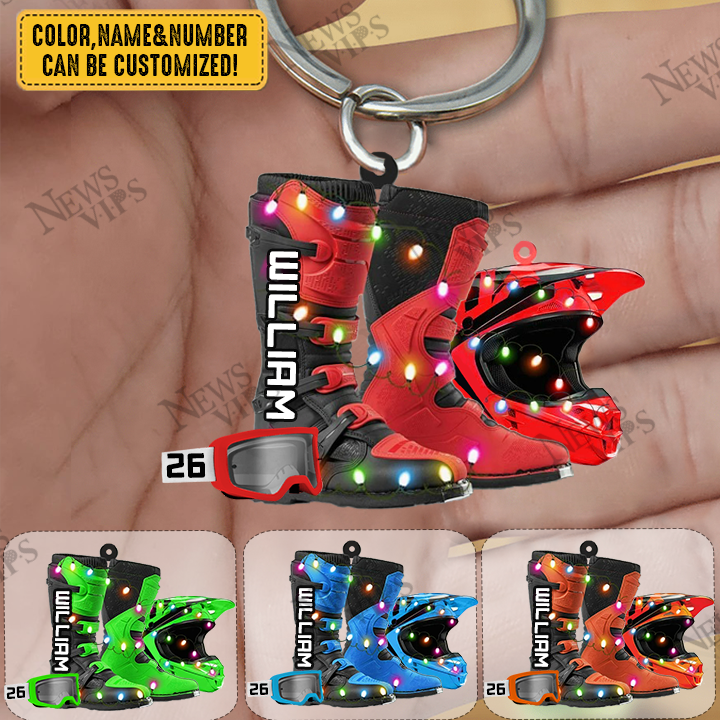 PERSONALIZED DIRT BIKE Helmet and Boots WITH GOGGLES Arcylic Keychain